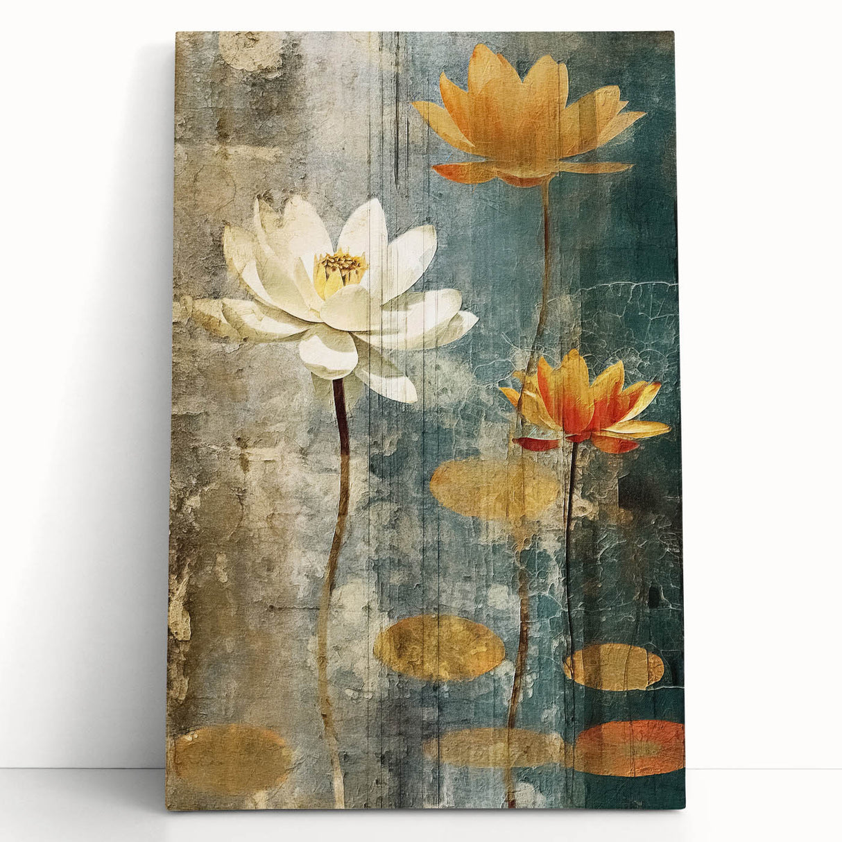 Vibrant abstract floral wall art design on stretched canvas, showcasing a blend of colorful blossoms and dynamic shapes, perfect for modern home decor.