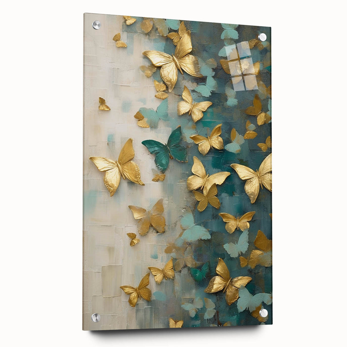 Abstract figurative wall art displayed in a side view, showcasing vibrant colors and intricate details, featuring acrylic glass and decorative pins for secure mounting, perfect for modern decor.