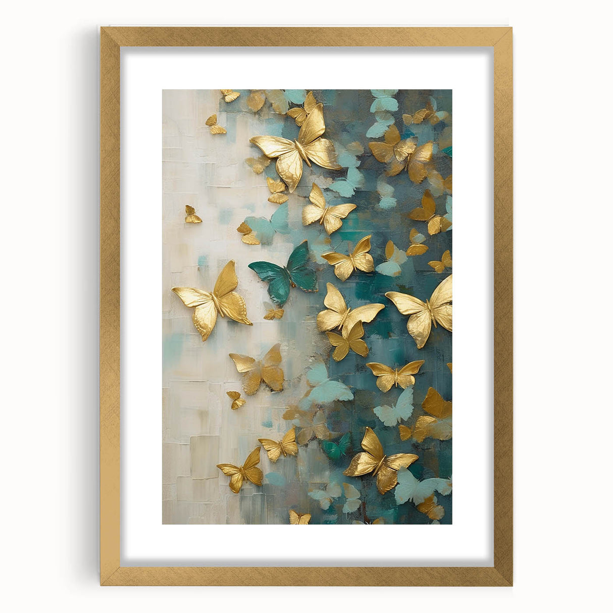 Abstract figurative wall art framed with a gold mat, showcasing vibrant colors and dynamic shapes, perfect for modern home decor and artistic expression.