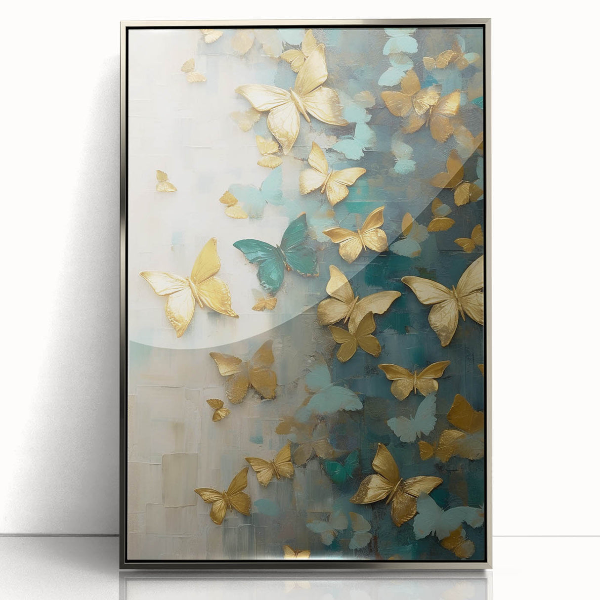 Framed abstract figurative wall art featuring a silver-acrylic finish, showcasing dynamic shapes and colors, ideal for modern interior decor and artistic expression.