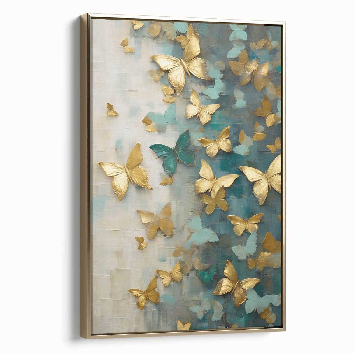 Framed abstract figurative wall art showcasing a gold and white design, displayed in a modern setting with a side view that highlights its sleek lines and luxurious finish. Perfect for contemporary decor.