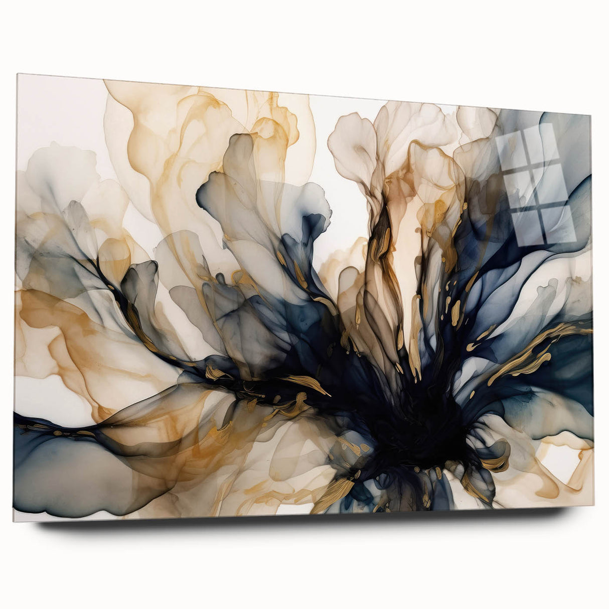 Abstract floral wall art displayed in a side view on acrylic glass, showcasing vibrant colors and intricate patterns, perfect for modern home decor.