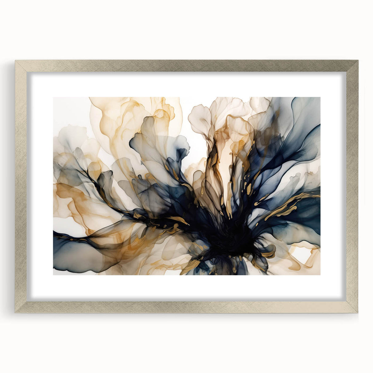 Abstract floral wall art design in a sleek silver frame, featuring vibrant colors and intricate patterns, perfect for modern home decor and enhancing interior aesthetics.