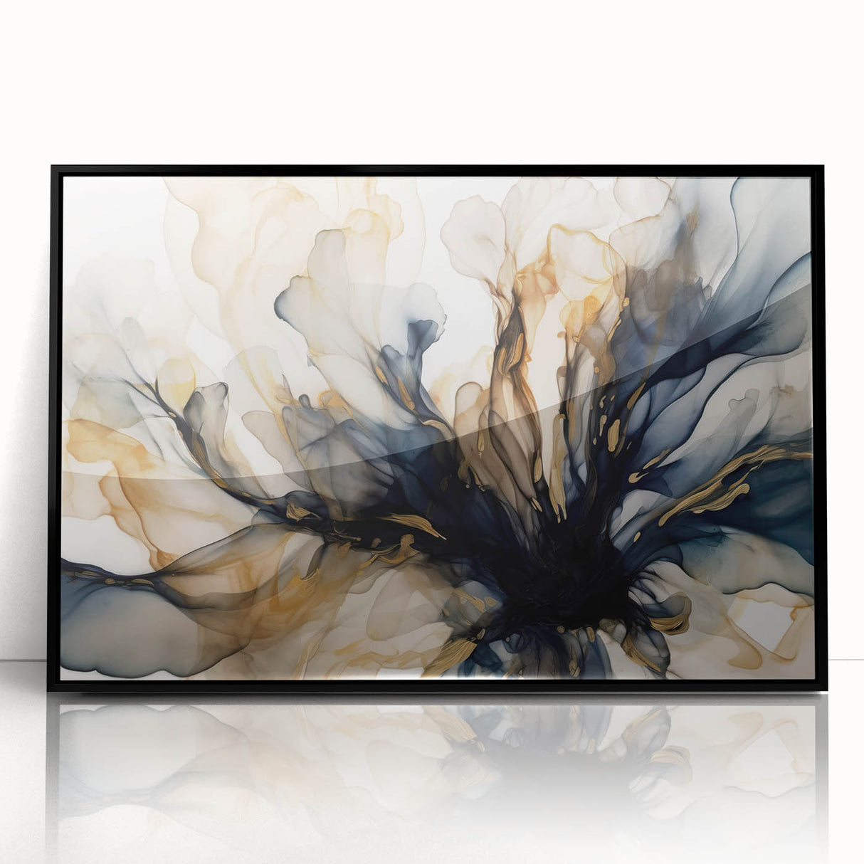 Framed abstract floral wall art with vibrant colors and intricate designs displayed against a black background, adding a modern touch to any decor.