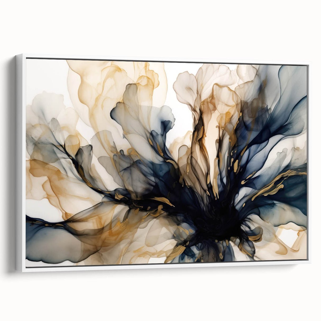 Framed canvas wall art featuring an abstract floral design with vibrant colors on a white background, showcasing a stylish side view ideal for modern decor.