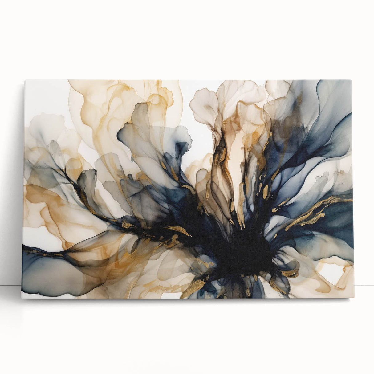 Abstract floral wall art canvas featuring vibrant colors and intricate patterns, elegantly leaning against a neutral-toned wall, perfect for modern home decor.