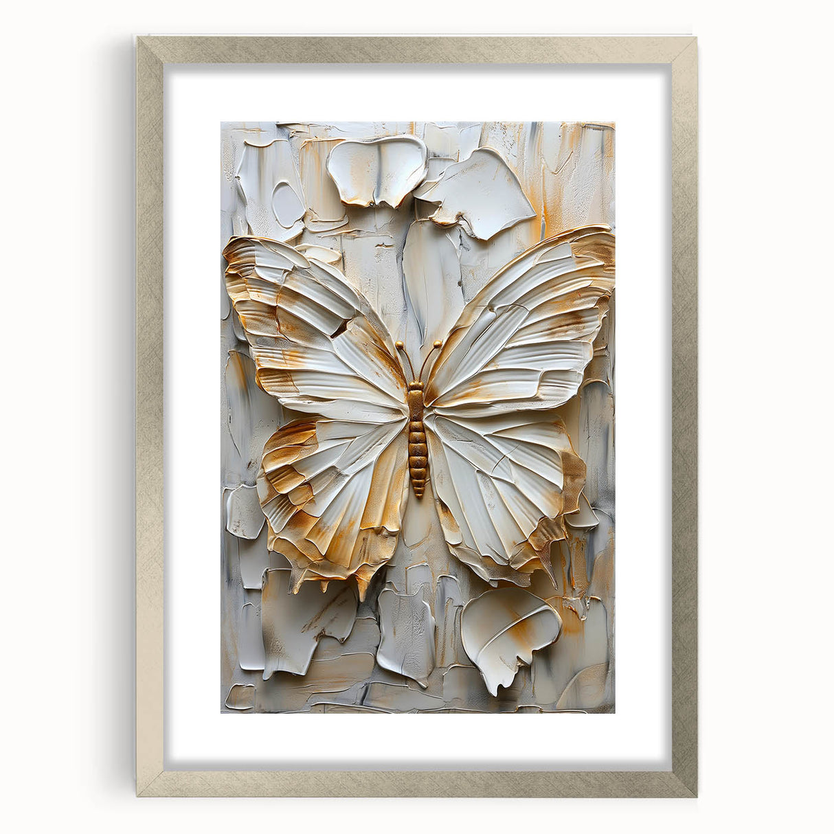 Abstract figurative wall art framed in silver with a white mat, showcasing vibrant colors and dynamic shapes, perfect for modern home decor accents.