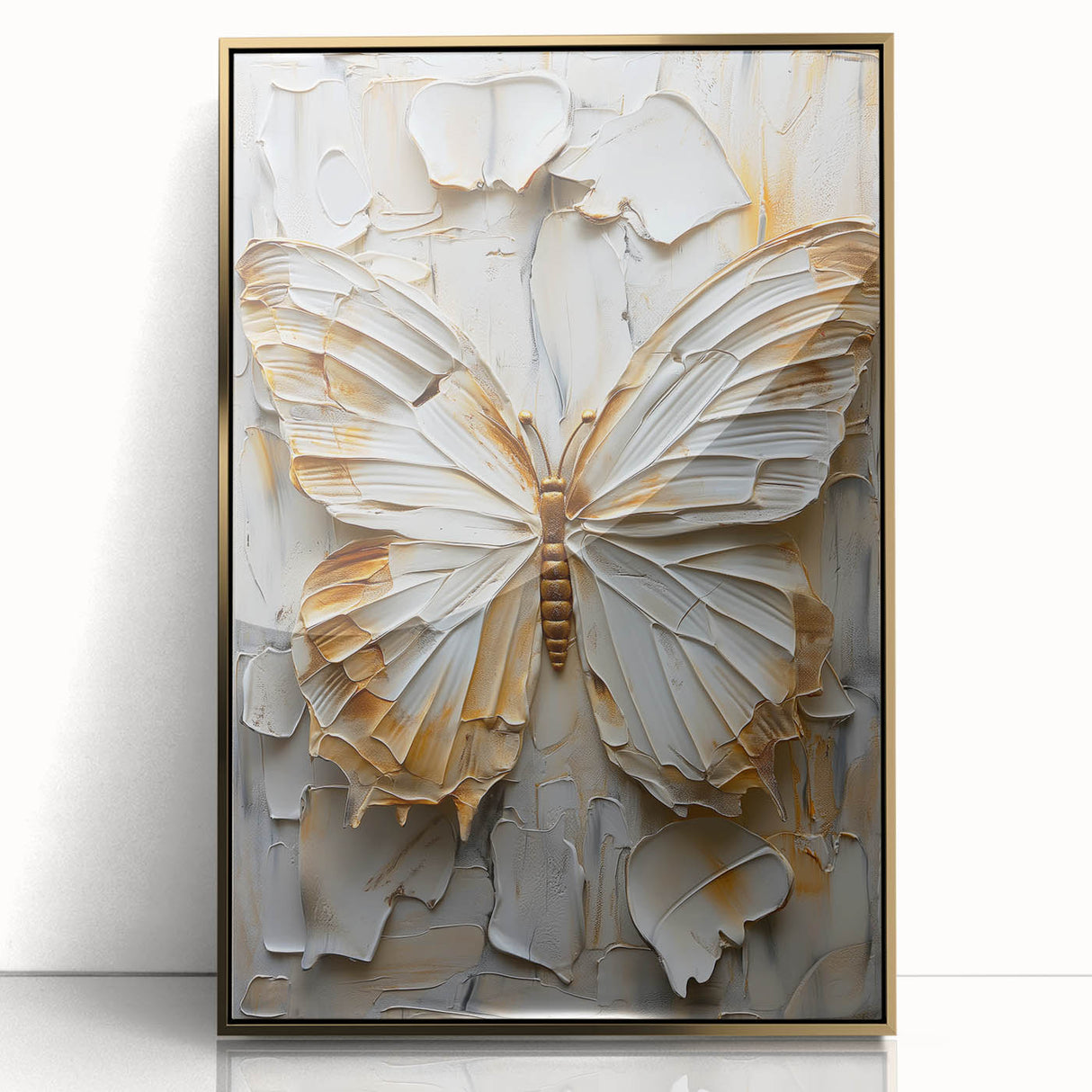 Framed abstract figurative wall art featuring gold accents on a sleek acrylic surface, ideal for modern home decor, showcasing a dynamic and vibrant design.