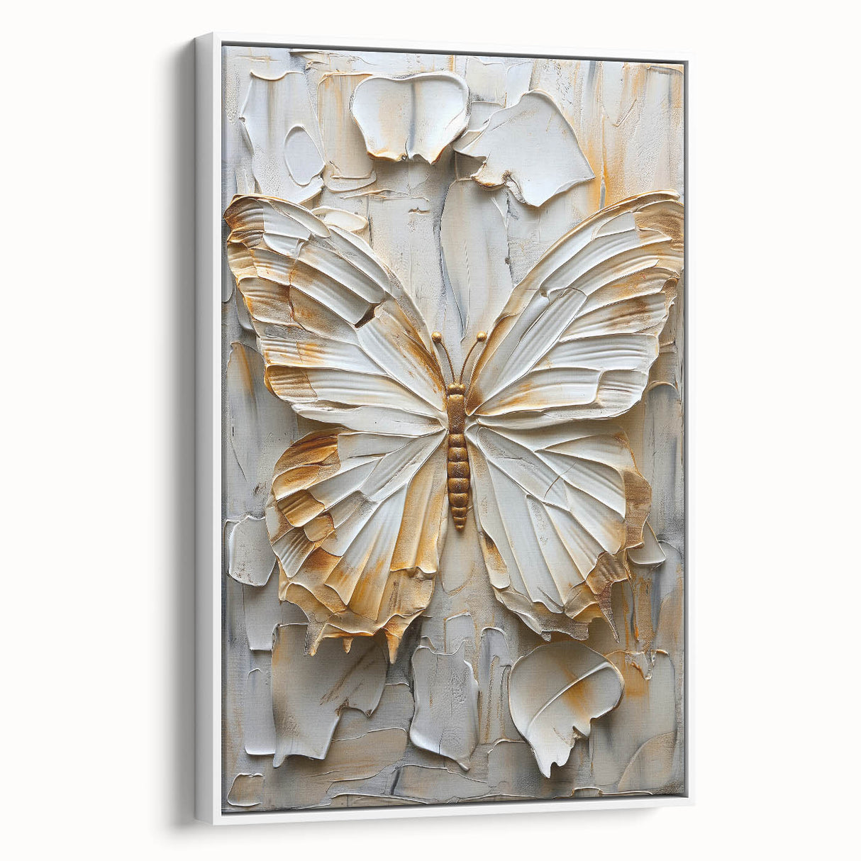 Framed abstract figurative wall art featuring a modern design with soft white tones, displayed in a side view to highlight its elegant frame and texture.