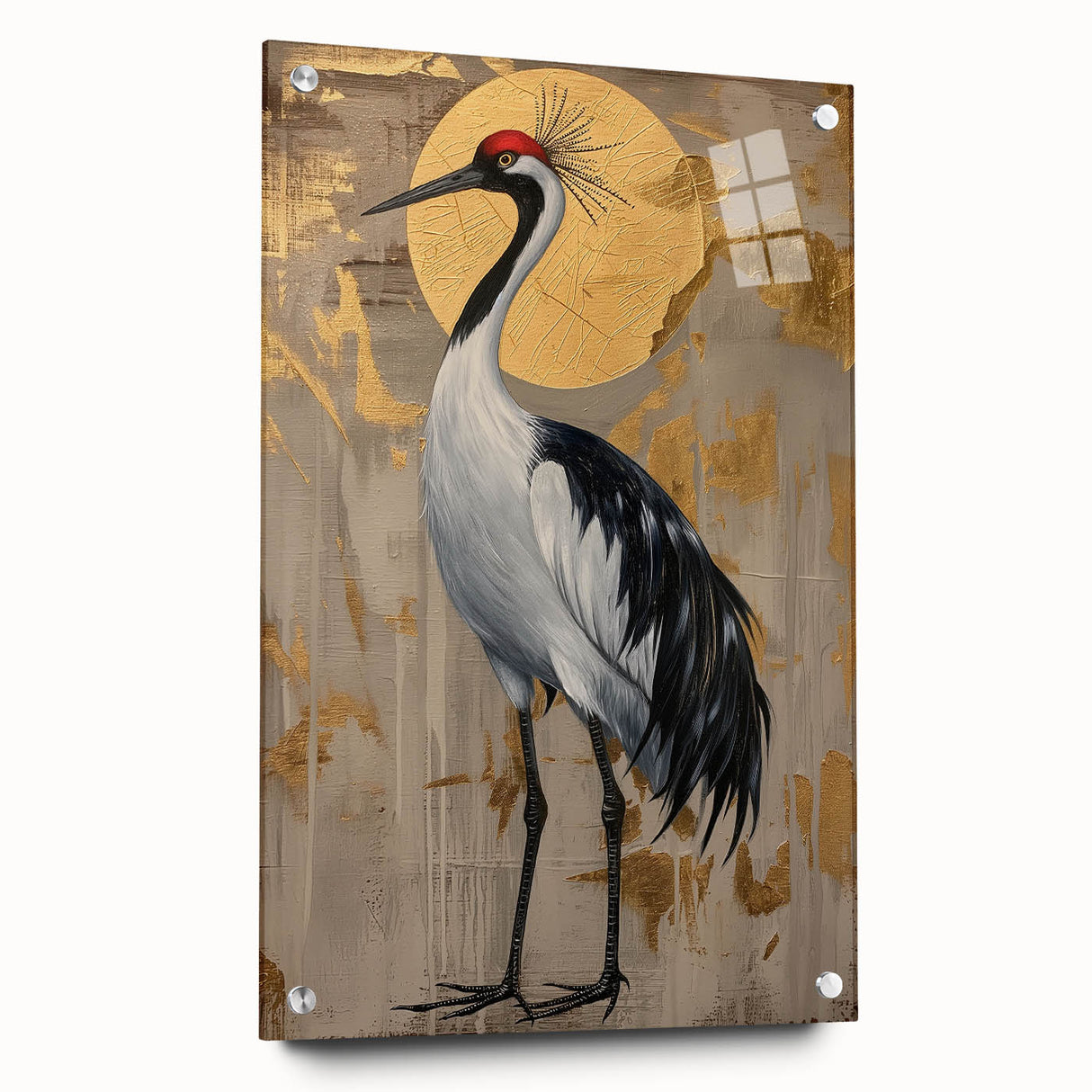 Abstract figurative wall art displayed in a side view, showcasing vibrant colors and intricate designs, mounted on acrylic glass with visible pins for a modern aesthetic.