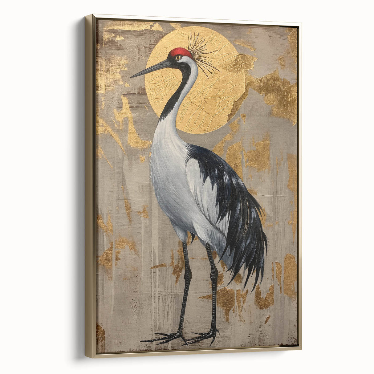 Framed abstract figurative wall art showcasing a gold color palette, highlighting dynamic shapes and textures, perfect for modern home decor.