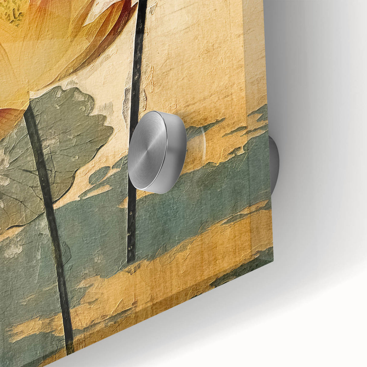 Close-up of vibrant abstract florals wall art design printed on acrylic glass, showcasing rich colors and intricate details, perfect for modern home decor.