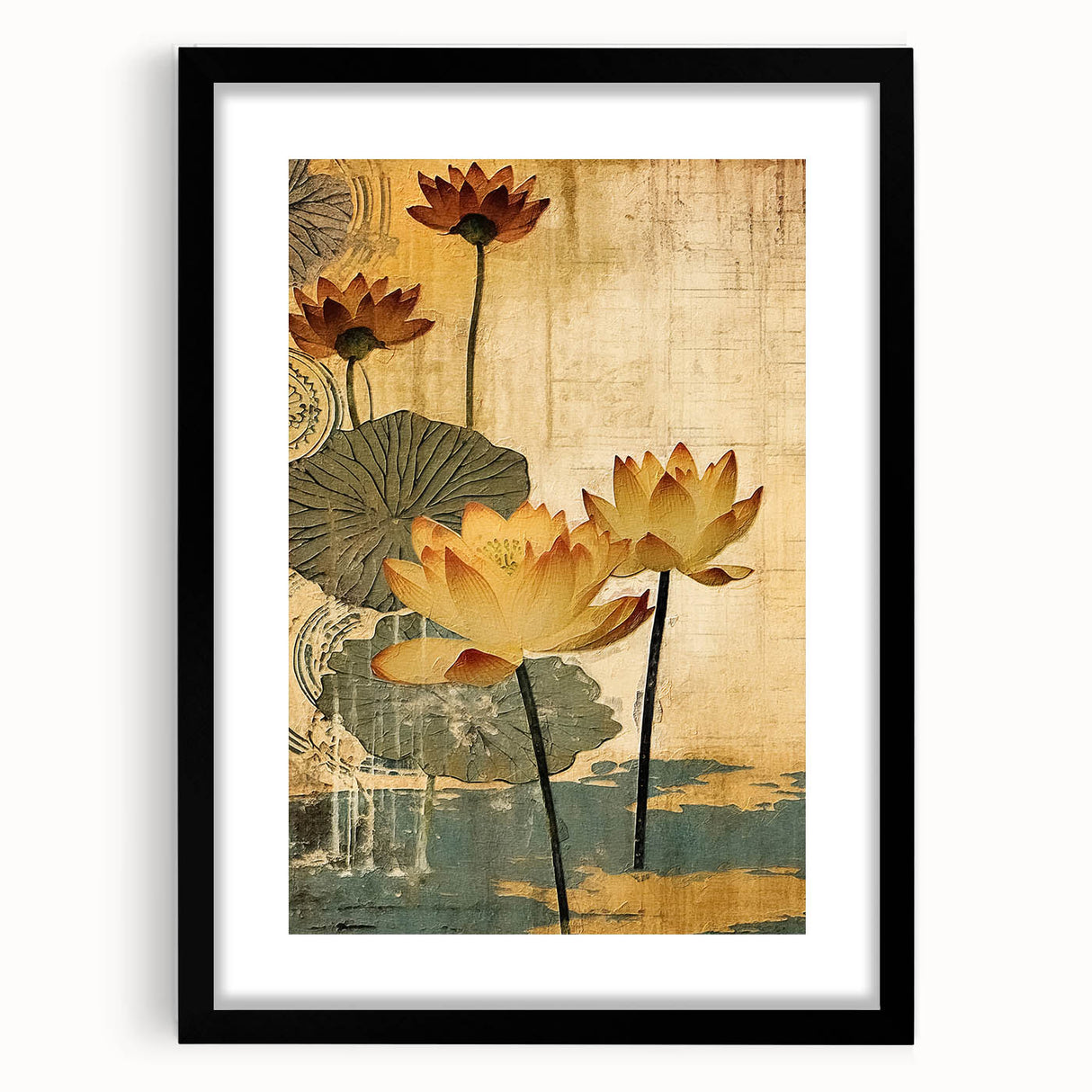 Abstract floral wall art framed in black with a white mat, showcasing vibrant blossoms in hues of pink and blue, ideal for modern home decor.