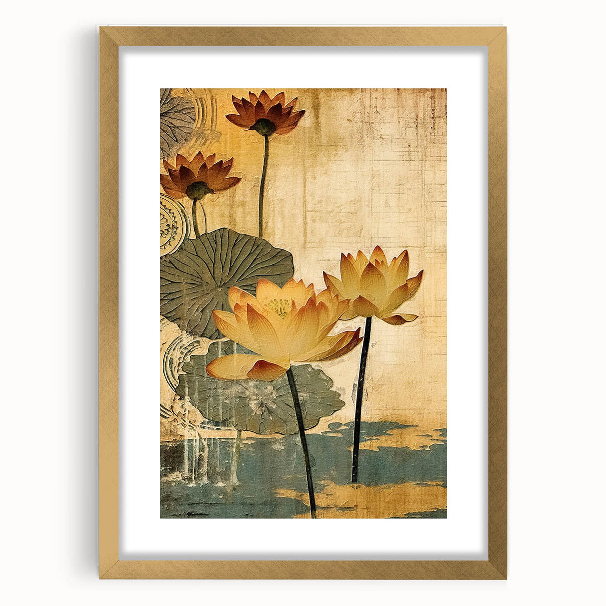 Abstract floral wall art framed in gold, showcasing vibrant colors and intricate patterns, perfect for modern home decor or office spaces.