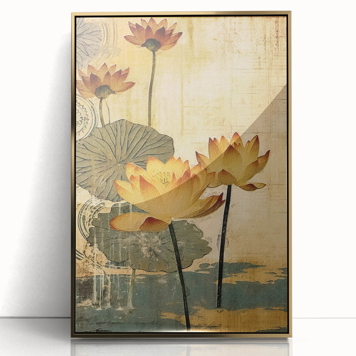 Framed abstract floral wall art design featuring vibrant colors and gold acrylic accents, adding a modern touch to home decor. Perfect for enhancing any living space.