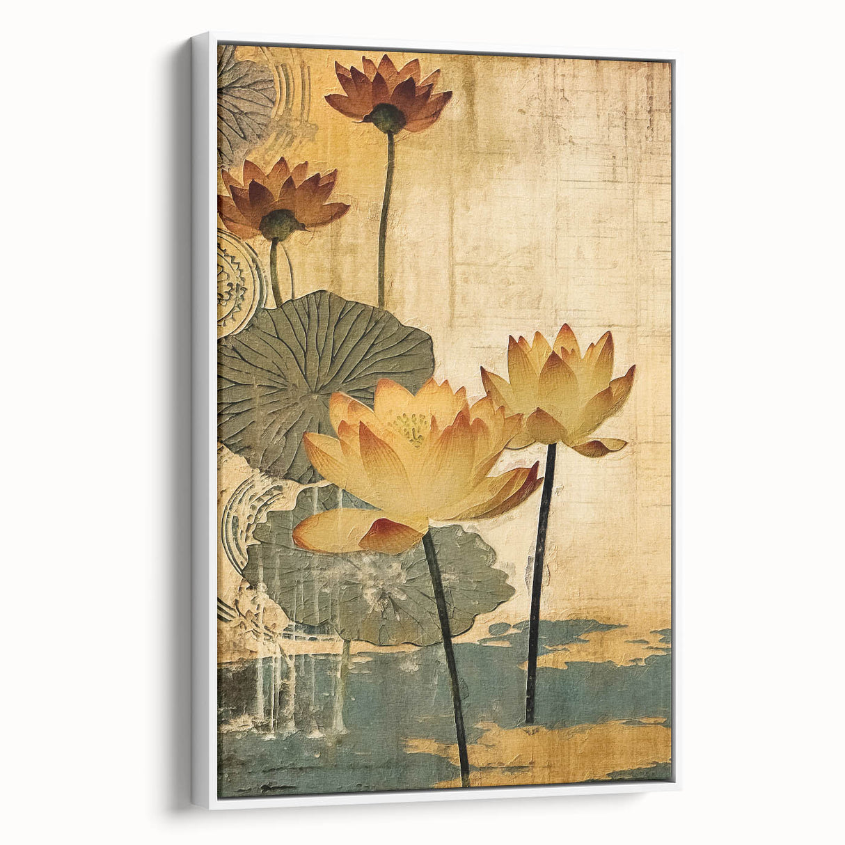 Framed canvas wall art showcasing an abstract floral design with vibrant colors on a white background, viewed from the side. Ideal for modern decor.