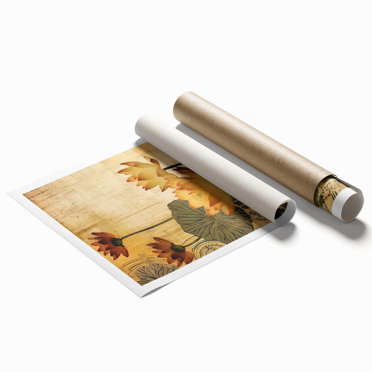 Abstract floral wall art print showcasing vibrant colors of pink, blue, and green, rolled and ready for display, perfect for modern home decor.