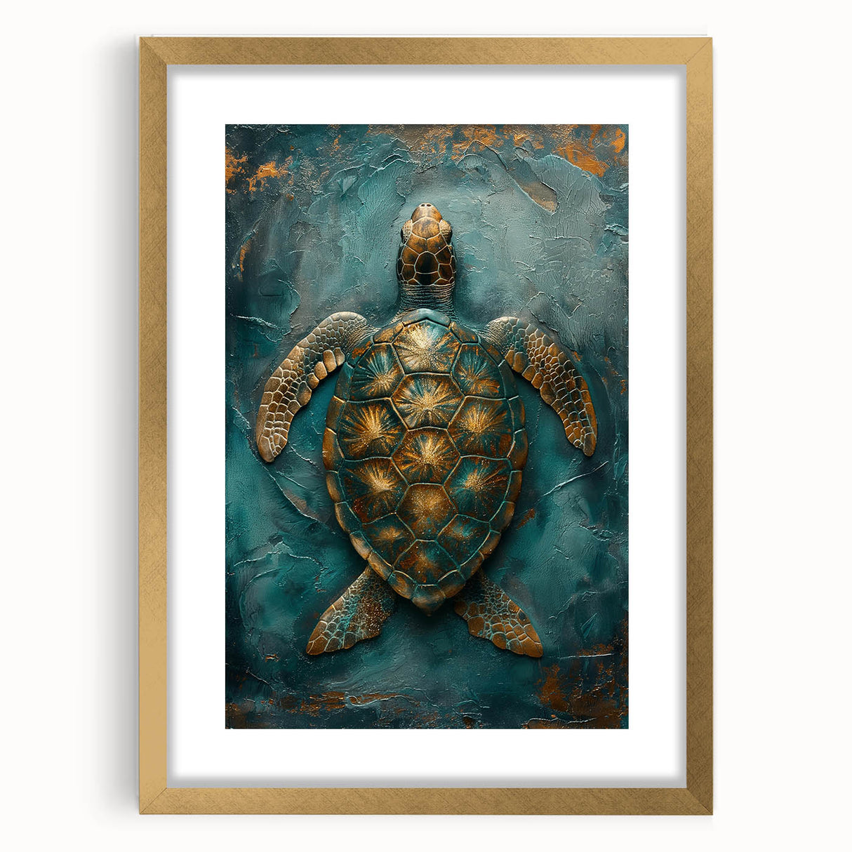 Abstract figurative wall art framed in gold with a mat, showcasing vibrant colors and intricate patterns, perfect for modern home decor.