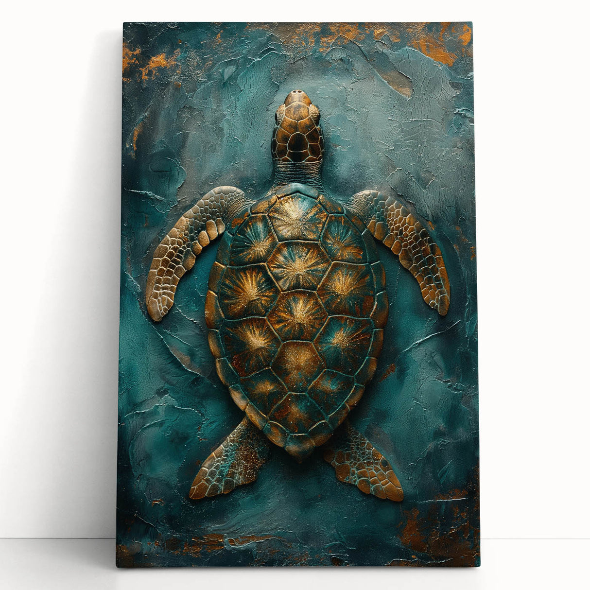 Abstract figurative wall art on stretched canvas, showcasing vibrant colors and dynamic shapes, leaning against a rustic wooden backdrop, enhancing modern decor.