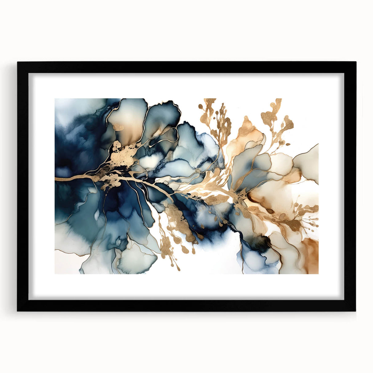 Abstract floral wall art framed in black, showcasing vibrant colors and intricate designs, perfect for modern home decor. Features a stylish mat for added elegance.