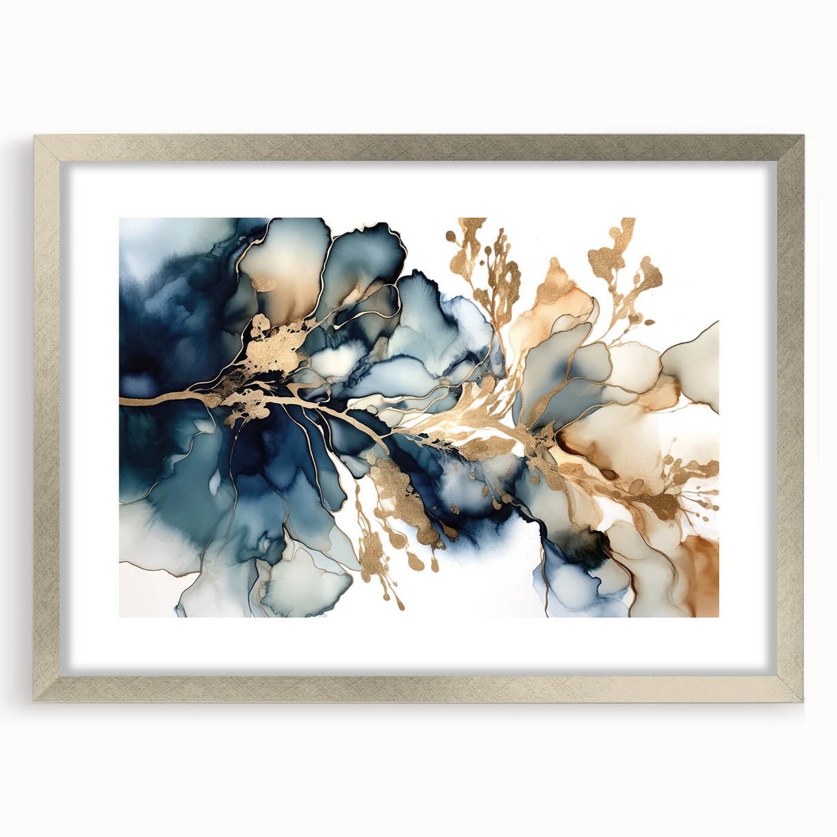 Abstract floral wall art featuring vibrant colors and intricate designs, set in a sleek silver frame with a decorative mat, showcasing modern elegance for home decor.