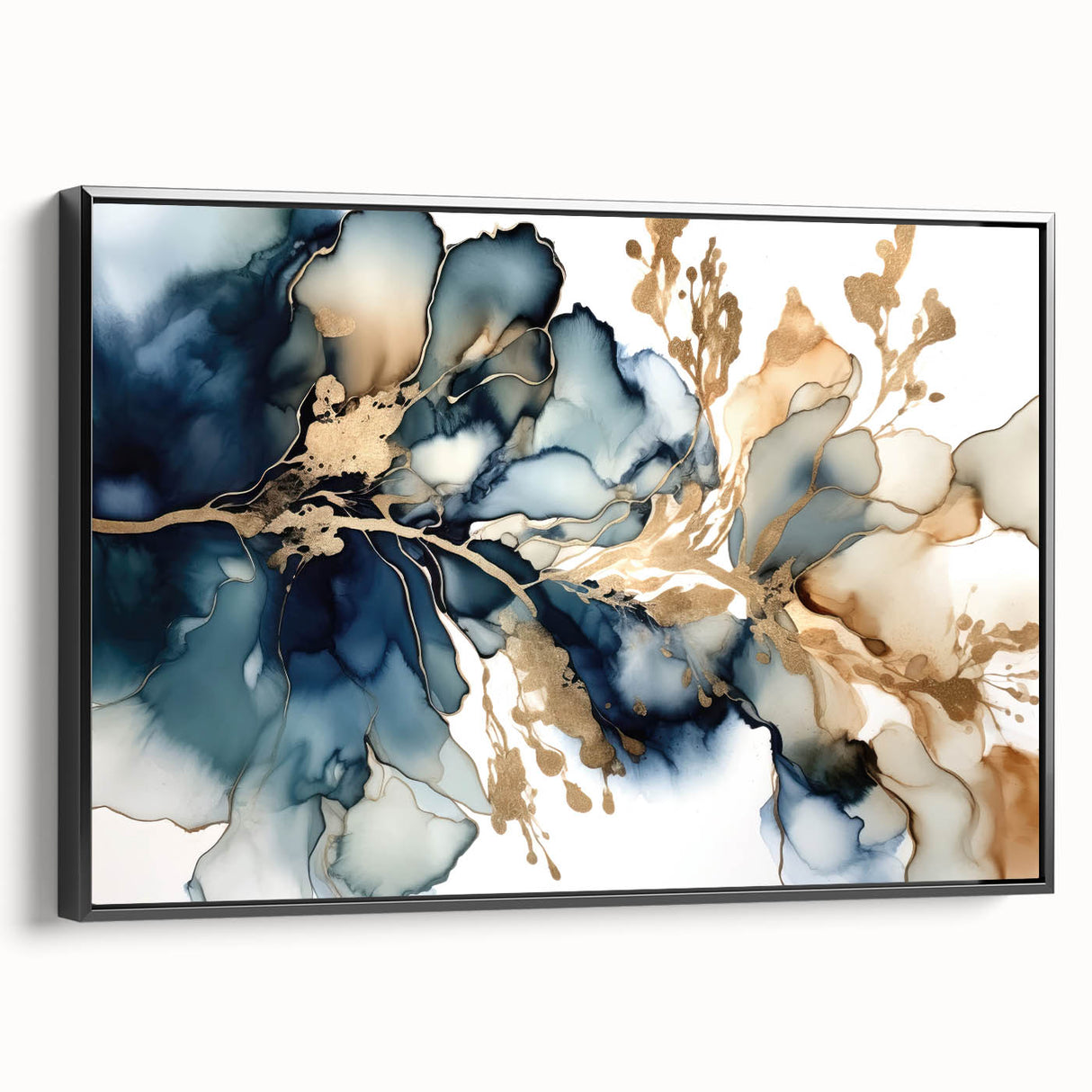 Framed canvas wall art showcasing abstract floral design with vibrant colors and intricate details, presented from a black side view for a modern decor style.
