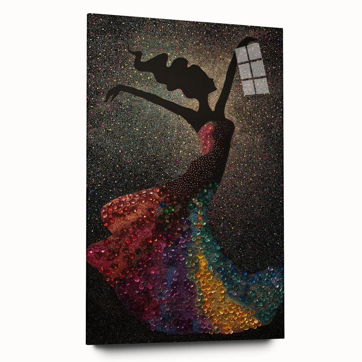 Abstract figurative wall art displayed in a sleek acrylic frame, showcasing vibrant colors and unique shapes, ideal for modern interior decor.