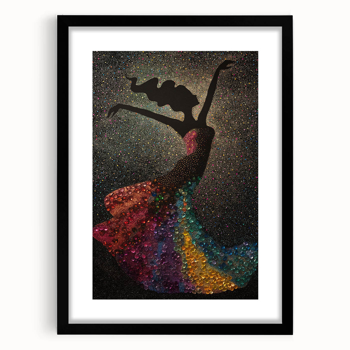 Abstract figurative wall art framed in black, showcasing vibrant colors and dynamic shapes, perfect for modern home decor. The artwork is elegantly matted, enhancing its visual appeal and making it an eye-catching centerpiece for any room.