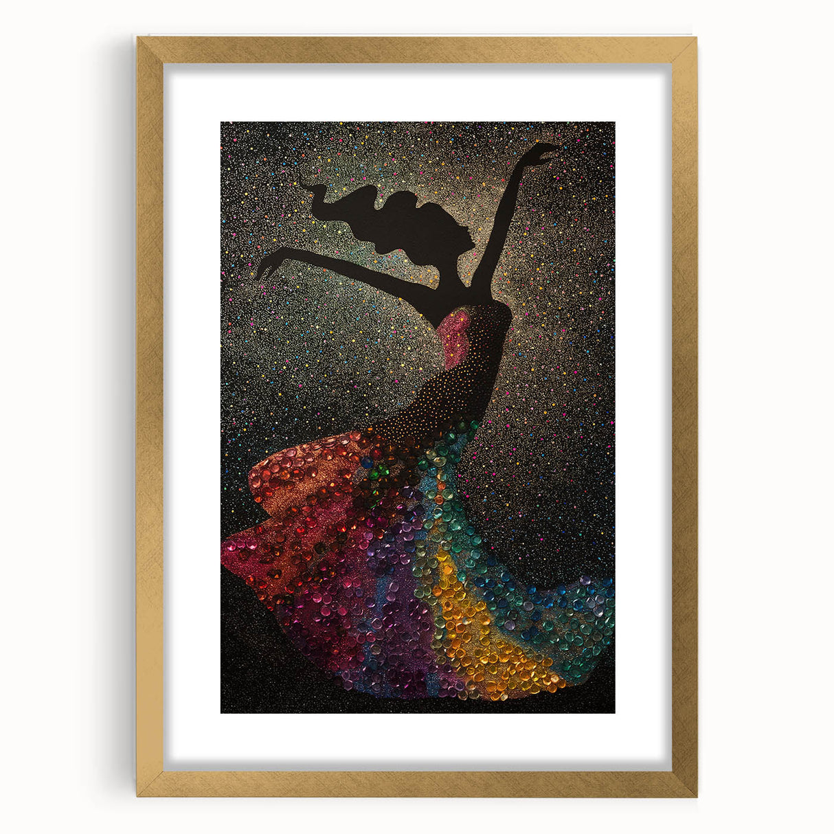 Abstract figurative wall art framed with a gold mat, showcasing vibrant colors and unique shapes, perfect for modern home decor and artistic displays.