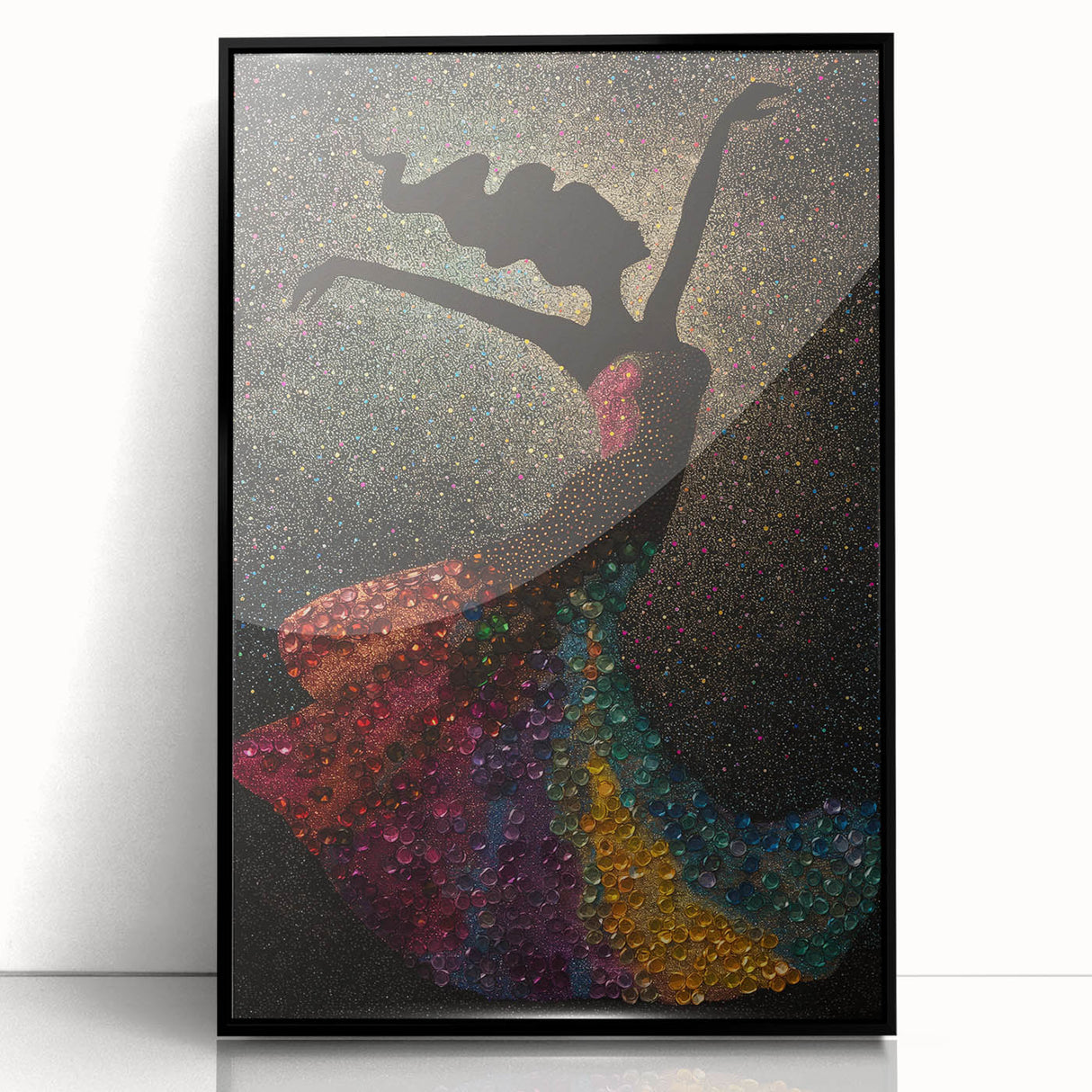 Framed abstract figurative wall art in black acrylic, showcasing dynamic shapes and bold lines, perfect for modern decor and artistic expression.