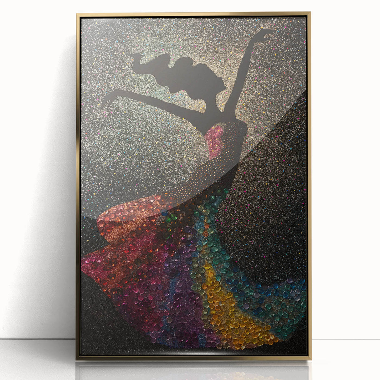 Framed abstract figurative wall art with a gold-acrylic finish, showcasing vibrant colors and intricate design, perfect for modern decor and artistic spaces.