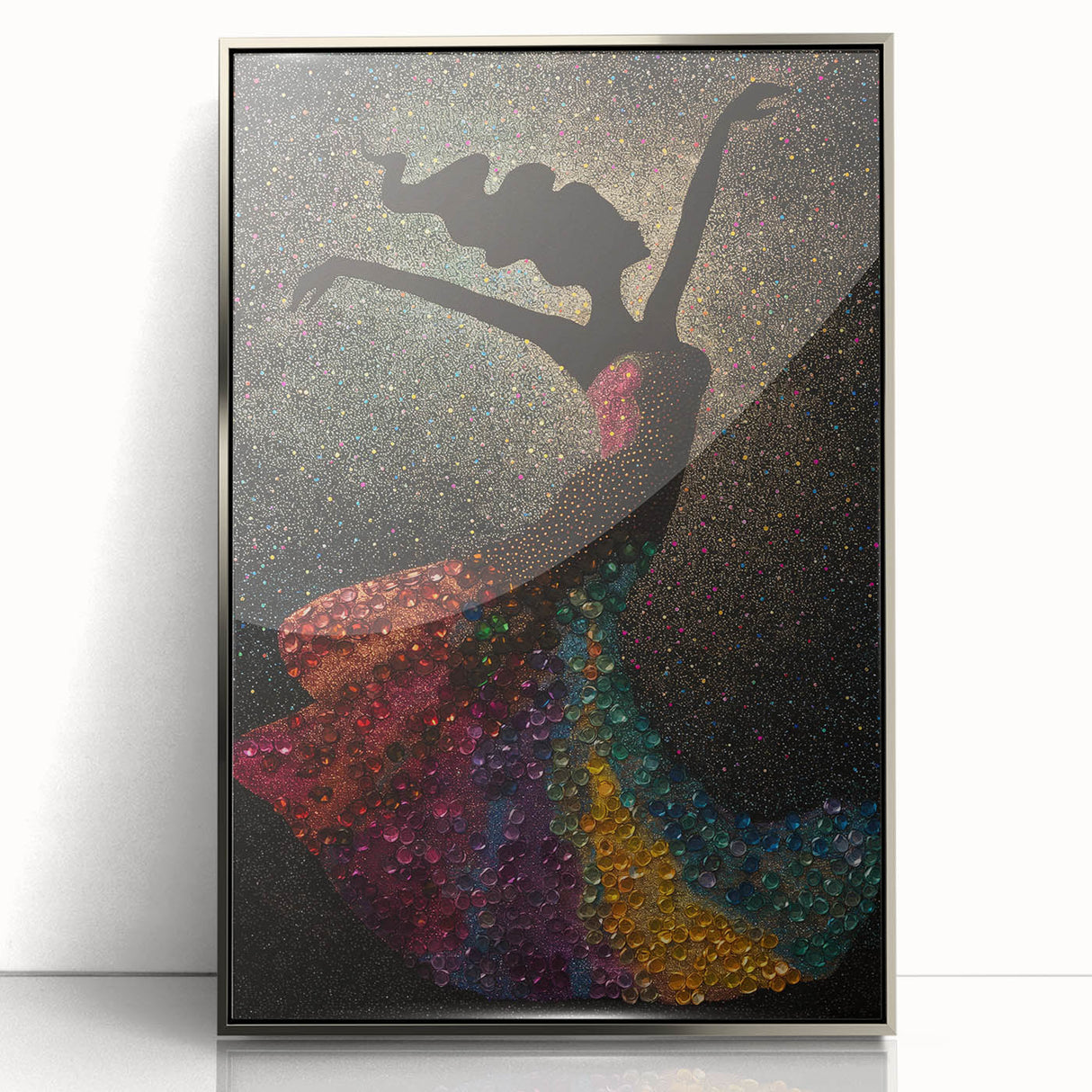 Framed abstract figurative wall art in silver acrylic, showcasing vibrant colors and dynamic shapes, perfect for modern home decor and artistic expression.