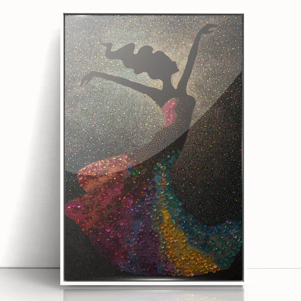 Framed abstract figurative wall art in white with acrylic finish, showcasing vibrant colors and dynamic shapes, ideal for modern home decor.