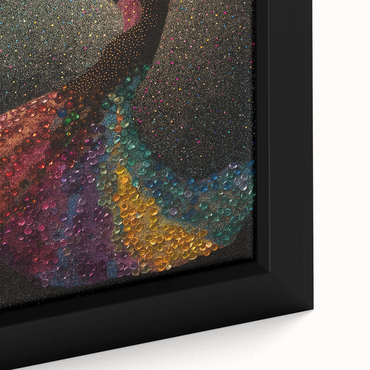Close-up of abstract figurative wall art featuring vibrant colors and dynamic shapes, showcasing a modern design. Framed canvas adds elegance to any decor.
