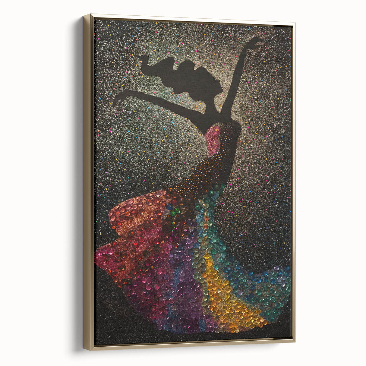 Framed abstract figurative wall art in gold tones, showcasing a contemporary design with dynamic shapes, ideal for modern home decor. Side view highlights the canvas's texture and framing details. Perfect for adding sophistication to any room.