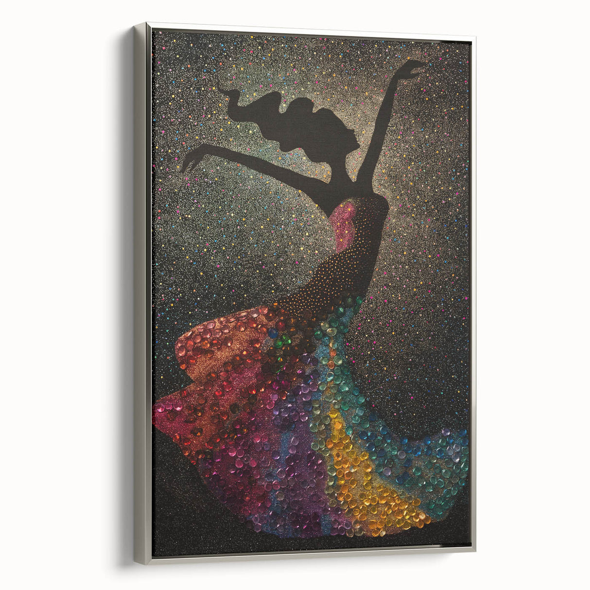 Framed abstract figurative wall art with silver accents, showcasing dynamic shapes and colors, ideal for modern decor in living spaces or offices.