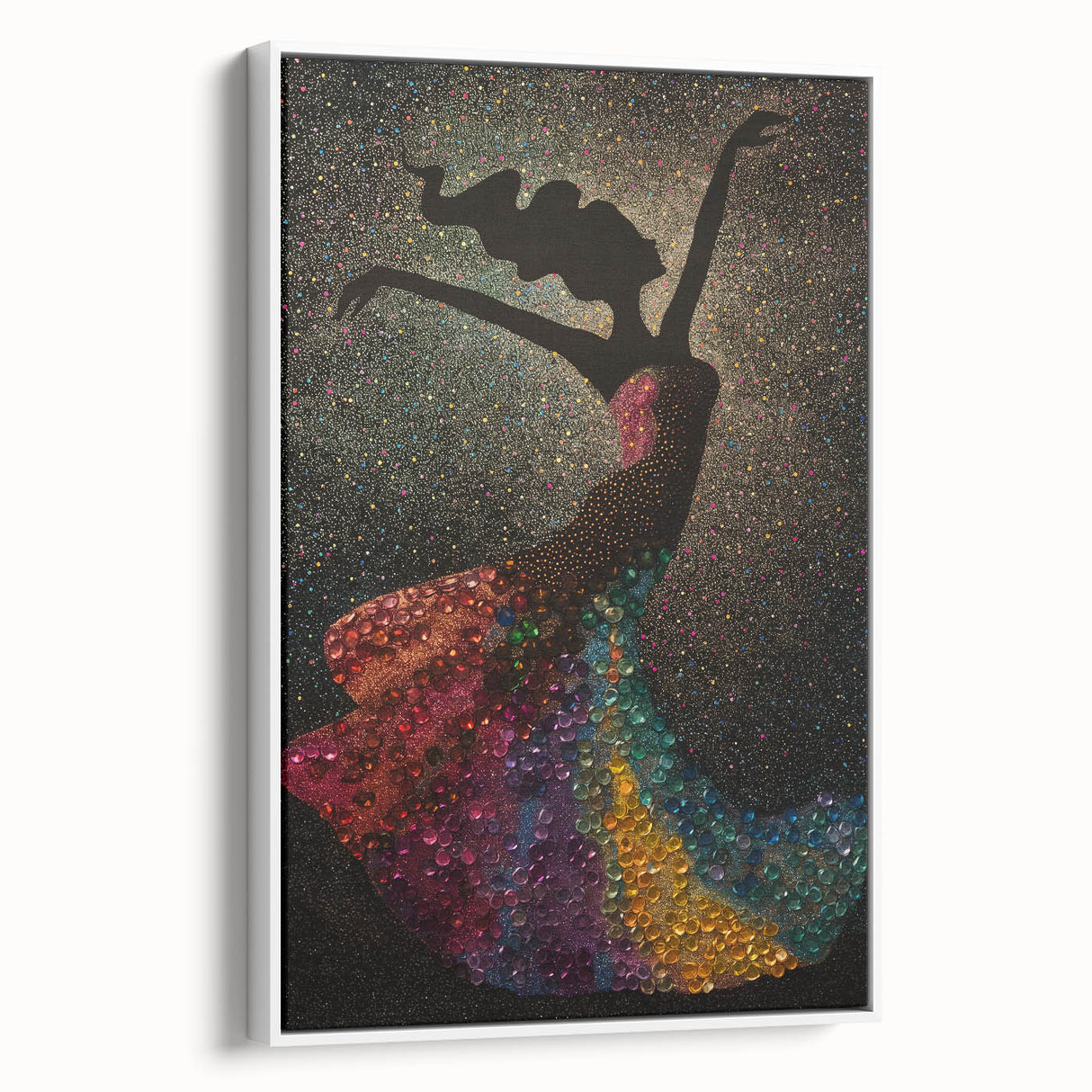 Abstract figurative wall art in a sleek white frame, showcasing vibrant colors and dynamic shapes, perfect for modern interior decor.