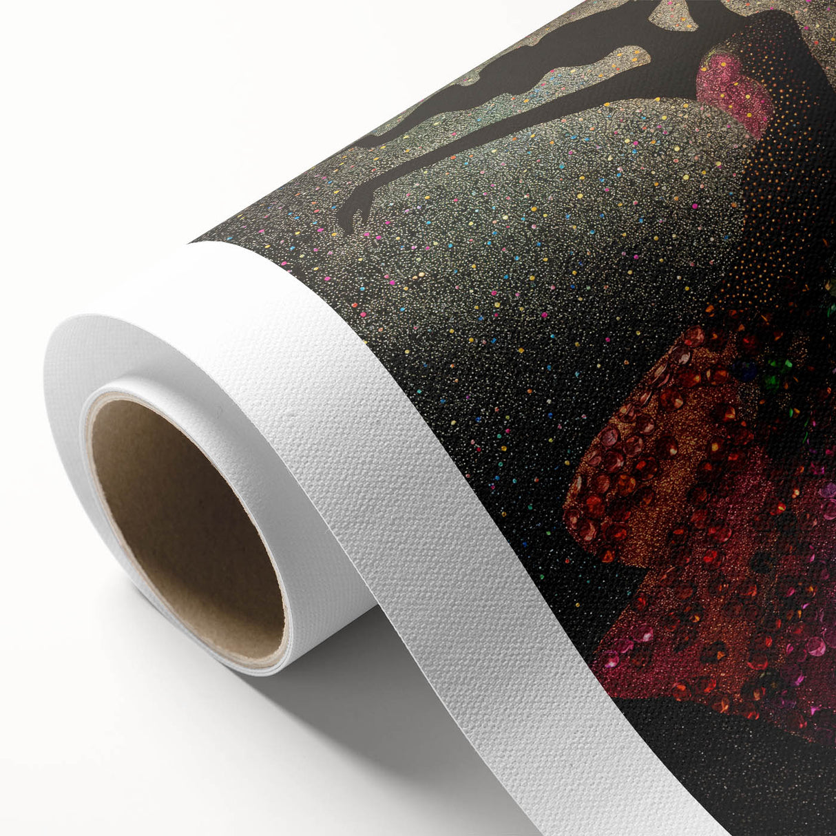 Abstract figurative wall art on rolled canvas, showcasing vibrant colors and dynamic shapes, ideal for modern home decor. Packaged securely in a cardboard tube.