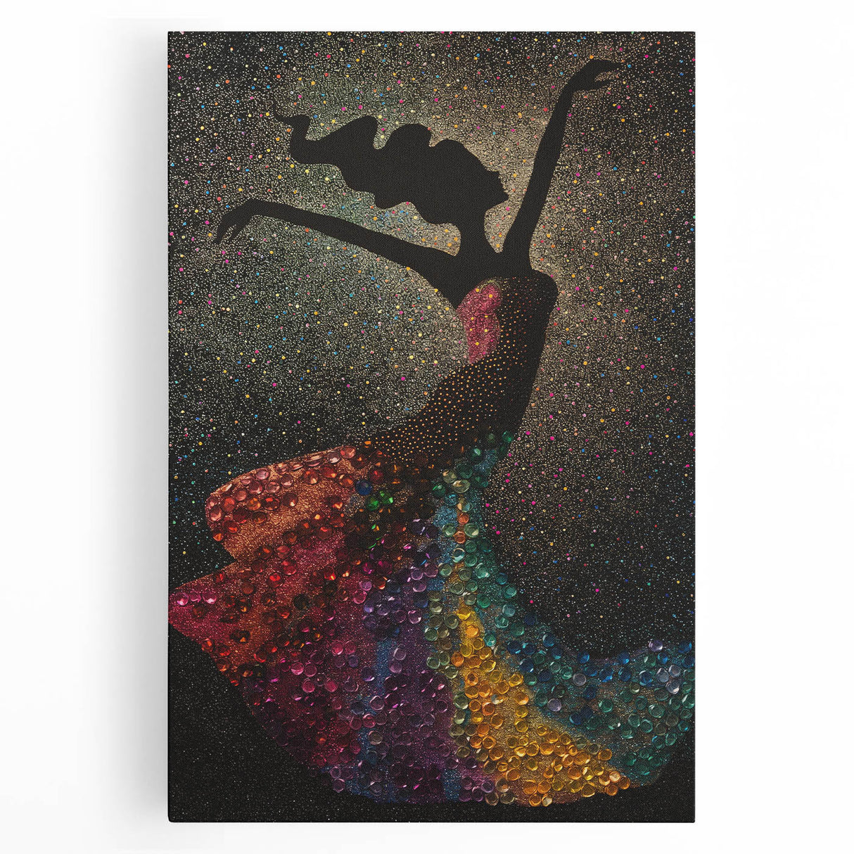 Abstract figurative wall art featuring vibrant colors and dynamic shapes on stretched canvas, perfect for modern home decor, enhancing interior aesthetics.