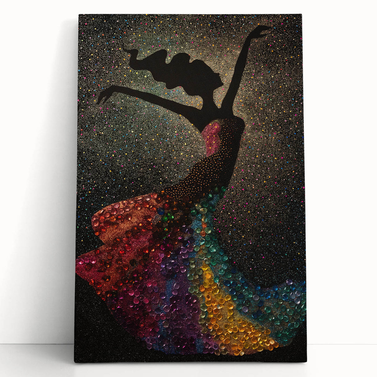 Abstract figurative wall art on stretched canvas, showcasing vibrant colors and dynamic shapes. The artwork leans against a neutral wall, adding a modern touch to home decor.