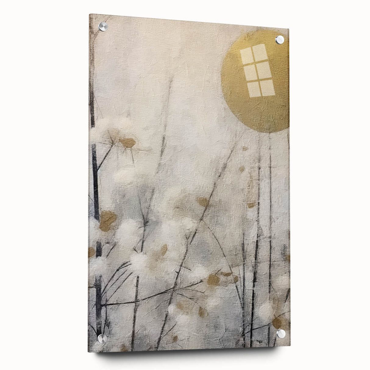 Abstract floral wall art displayed in acrylic glass, showcasing vibrant colors and intricate details, elegantly held with pins for a modern aesthetic.