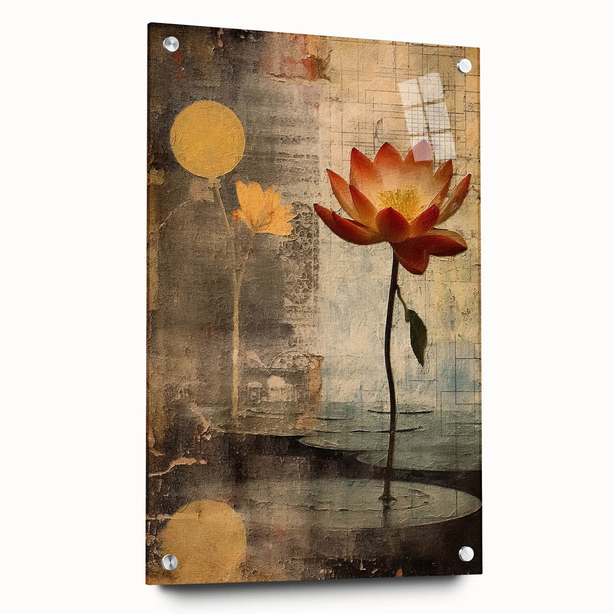 Abstract floral wall art displayed on acrylic glass, showcasing vibrant colors and intricate designs. Side view highlights mounting pins, enhancing decoration options.