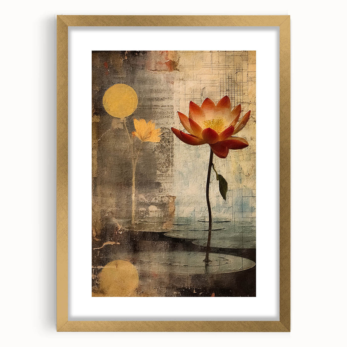 Abstract floral wall art framed with a gold mat, showcasing vibrant colors and intricate designs, ideal for enhancing modern home decor.