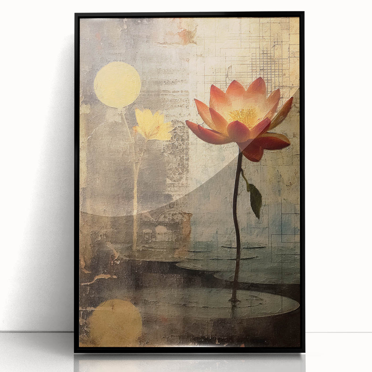 Framed abstract floral wall art featuring vibrant colors and intricate designs in a sleek black frame, perfect for enhancing modern home decor and adding a touch of elegance.