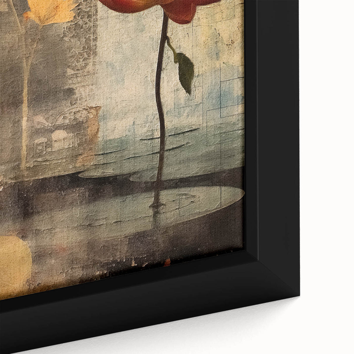 Close-up of an abstract floral wall art piece featuring vibrant colors and intricate designs on a framed canvas, perfect for home decor enhancement.