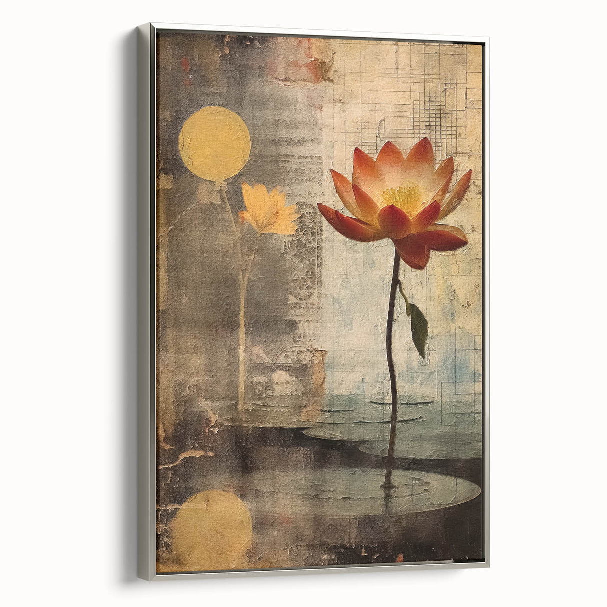 Framed abstract floral wall art in a silver frame, showcasing vibrant colors and intricate patterns, ideal for modern home decor. Side view highlights depth and texture.