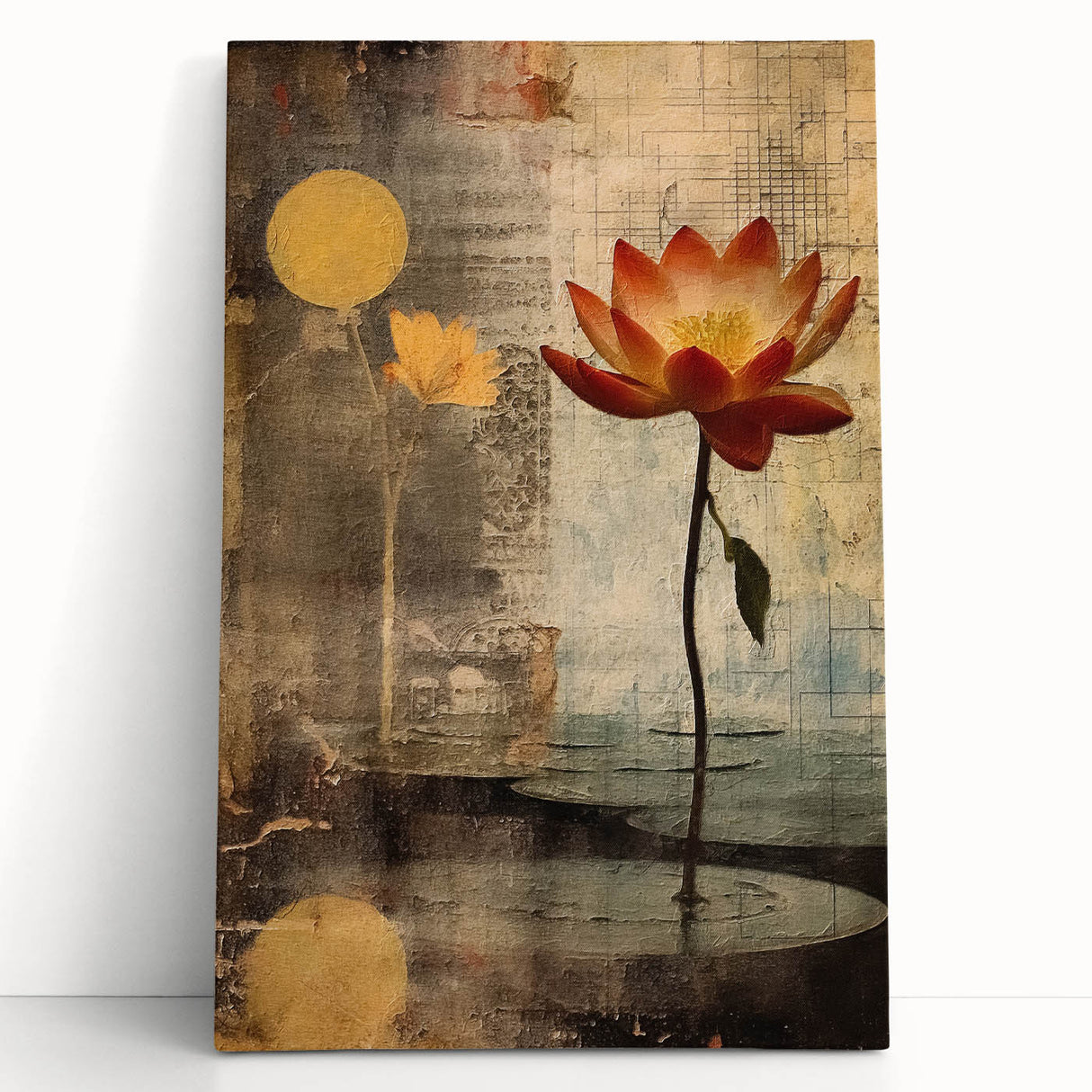 Abstract floral wall art on stretched canvas, showcasing vibrant colors and intricate designs, leaning against a neutral wall in a cozy interior setting. Perfect for modern home decor.