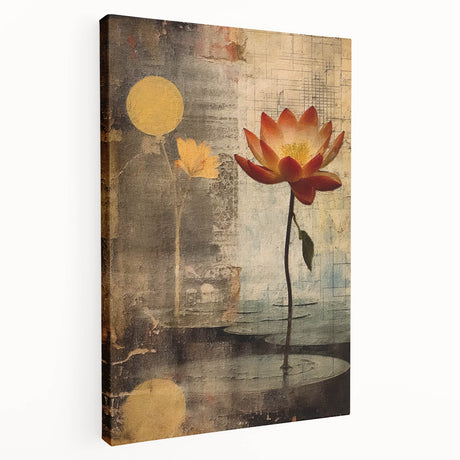 Stretched canvas wall art showcasing vibrant abstract floral designs in vivid colors, ideal for modern home decor. Side view reveals neat edges and quality craftsmanship.