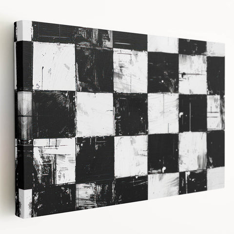 Rolled Canvas Bedroom Art – Black & White Checkered Wall Print