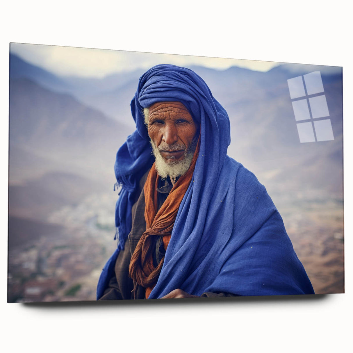 Large abstract wall art depicting a Mali scenery in muted earth tones on acrylic glass.